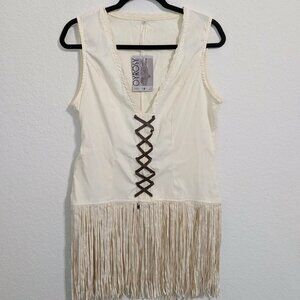 Oyrosy Cream Faux Fringe Lace-Up Bust Sleeveless VNeck Bohemian Top NWT (Size M)